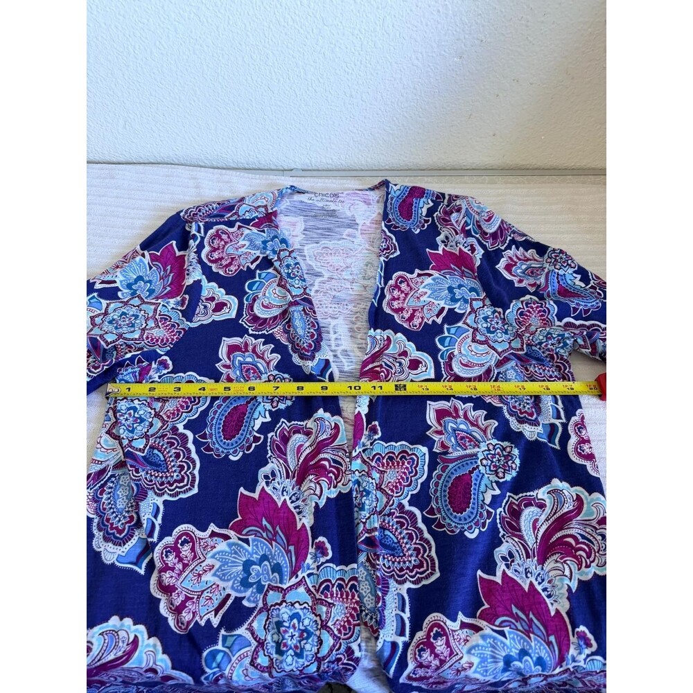 Chicos Ultimate Tee Size 2 Large Paisley Open Front Cardigan Top Pockets Boho - Picture 9 of 13